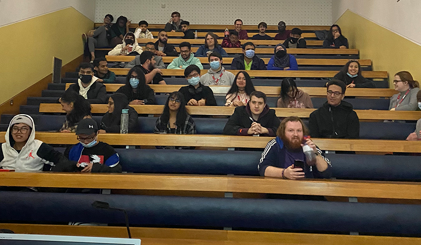 Meeting of Leicester students in a lecture theatre